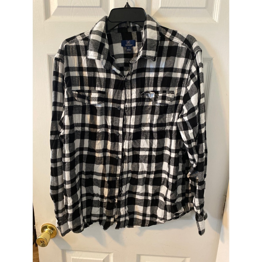 George Mens Flannel Shirt L Black White Buffalo Plaid Button Down Long Sleeve